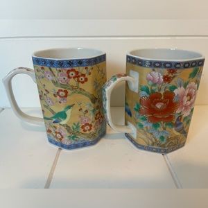 Imari Style Plum Blossums & Blue Birds Octagon Tea Mug Cup Gold Accent